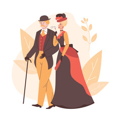 Historic Victorian man and woman characters, flat vector illustration isolated.