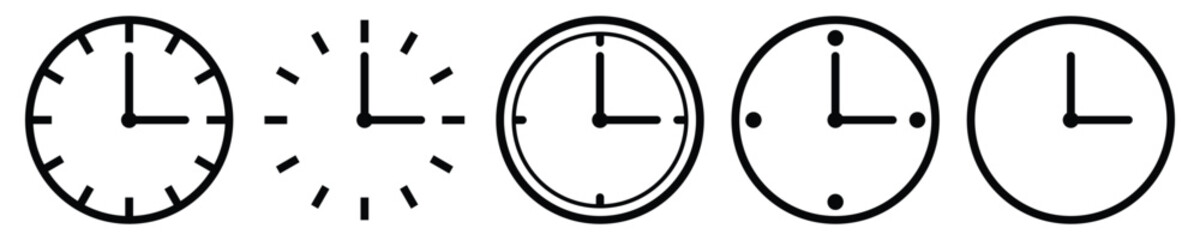 Time and clock icon set. Clocks symbol or icons line collection isolated on transparent background.