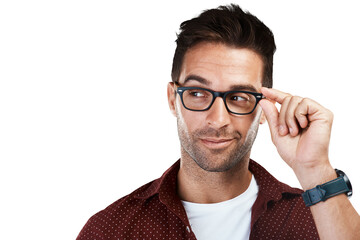 Canvas Print - Vision, thinking and man with glasses or frames as eye care isolated in a transparent or png background. Spectacles, optometry and person or businessman with style, fashion and ideas of eyewear