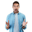 Portrait, surprise and man with wow, achievement and model isolated on a transparent background. Face, person and winner shocked, news and png with information, emoji and omg with announcement