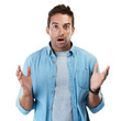 Portrait, surprise and man with announcement, wow and model isolated on a transparent background. Face, person and guy shocked, news and facial expression with png, information and emoji with omg