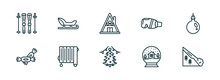 Set Of 10 Linear Icons From Winter Concept. Outline Icons Such As Ski Equiptment, Sledge, Winter Cabin, Christmas Day, Snow Globe, Avalanche Vector
