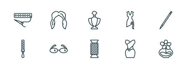 Wall Mural - set of 10 linear icons from woman clothing concept. outline icons such as clothing stitches, female long black hair, perfume bottle, thread spool, strapless tube dress, stylish perfume bottle vector