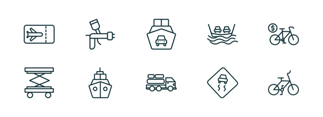 Wall Mural - set of 10 linear icons from transportation concept. outline icons such as plane tickets, car painting, ferry carrying cars, cargo truck, slippy road, bicycle vector