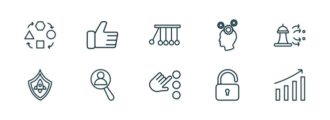 Wall Mural - set of 10 linear icons from startup stategy and concept. outline icons such as adaptation, thumb up, reaction, choose, open padlock, increase vector