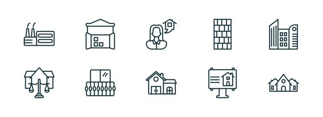 Wall Mural - set of 10 linear icons from real estate concept. outline icons such as industrial park, storehouse, or, house front view, billboard, house decoration vector