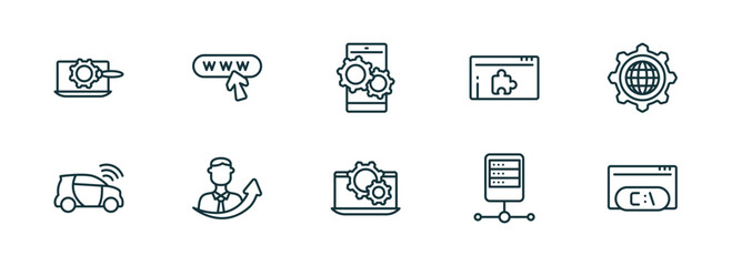 set of 10 linear icons from programming concept. outline icons such as seo tools, web domain, operating system, software, server, command vector