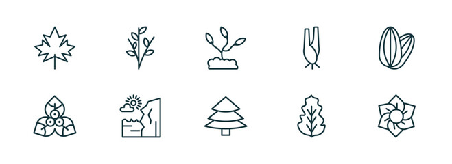 Wall Mural - set of 10 linear icons from nature concept. outline icons such as maple, willow, grow plant, red spr