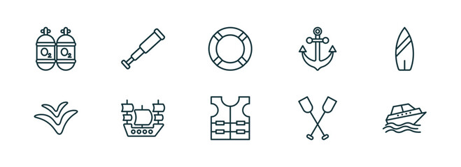 Wall Mural - set of 10 linear icons from nautical concept. outline icons such as oxygen tank, nautical monocular, lifesaver, vest, paddles, cruise ship vector