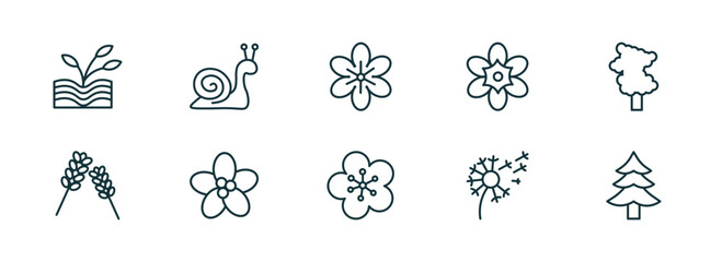 Wall Mural - set of 10 linear icons from nature concept. outline icons such as plant growing on book, snail, gera