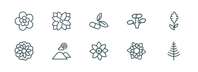 Wall Mural - set of 10 linear icons from nature concept. outline icons such as peony, zinnia, natural medical pil