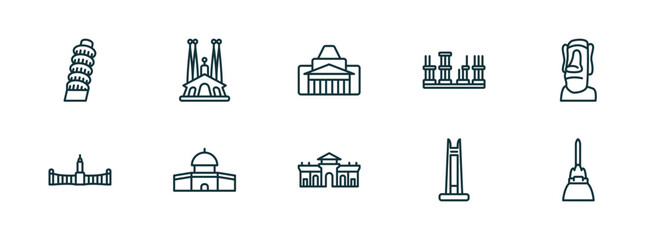 Wall Mural - set of 10 linear icons from monuments concept. outline icons such as tower of pisa, spain, shrine of remembrance, alcala gate, circle, philippines vector