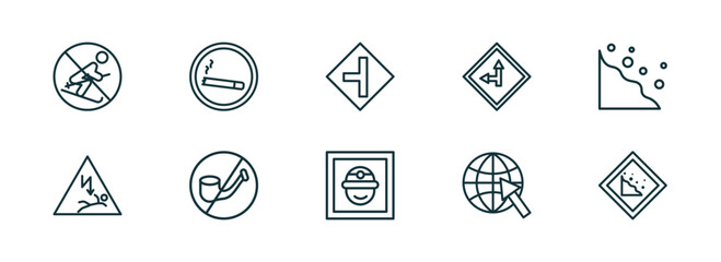 Wall Mural - set of 10 linear icons from maps and flags concept. outline icons such as no skiing, smoke zone, road left side, mine site, arrow on globe, land slide vector