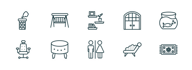 set of 10 linear icons from furniture & household concept. outline icons such as chimney, porch swing, wall shelves, wc, fainting couch, rug vector