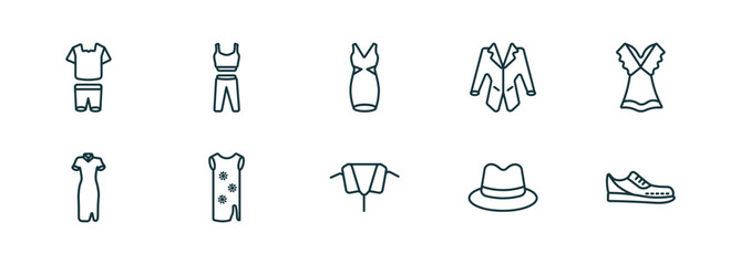 Wall Mural - set of 10 linear icons from fashion concept. outline icons such as femenine trakcsuit, gym clothes, neckline dress, collar, fedora, gym shoes vector