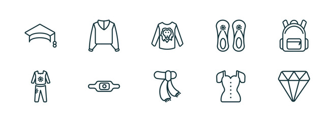 set of 10 linear icons from fashion concept. outline icons such as college graduation cap, sweater with hood, man printing, wool scarf, blouse with buttons, diamond vector