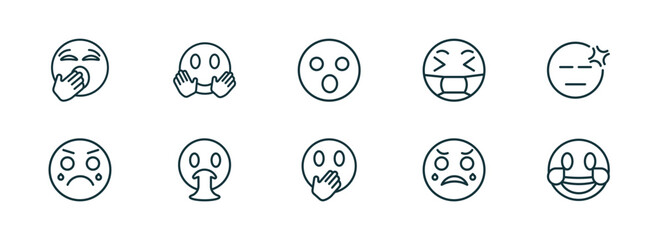 Wall Mural - set of 10 linear icons from emoji concept. outline icons such as yawning emoji, hugging emoji, surprised hand over mouth crying laugh vector