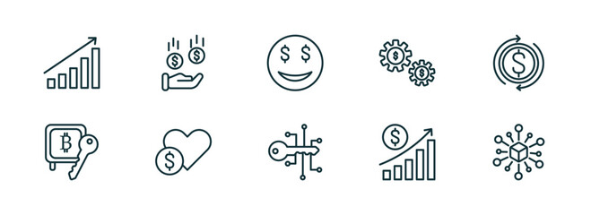 Wall Mural - set of 10 linear icons from cryptocurrency concept. outline icons such as stocks, banking, greed, cr