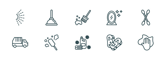 Wall Mural - set of 10 linear icons from cleaning concept. outline icons such as spray, plunger, sweeping, softener, scouring pads, wiping vector