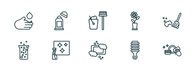 Wall Mural - set of 10 linear icons from cleaning concept. outline icons such as acid, deodorizer, dustpan cleanin, soap, suspension, washing plate vector