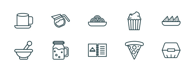 Wall Mural - set of 10 linear icons from bistro and restaurant concept. outline icons such as breakfast cup, coffe pot, plate of spaghetti, open menu, pepperoni pizza slice, food box vector