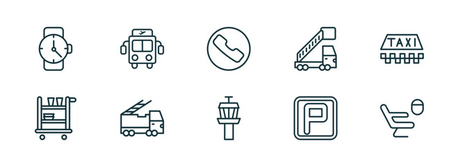 set of 10 linear icons from airport terminal concept. outline icons such as modern wirstwatch, airport bus, telephone, airport tower, parking square, airplane seat vector
