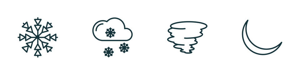 Wall Mural - set of 4 linear icons from weather concept. outline icons included snow, snowy, tornado, new moon vector