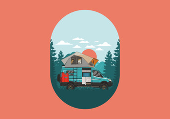 Canvas Print - Large van with roof tent illustration design