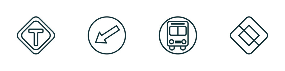Wall Mural - set of 4 linear icons from traffic signs concept. outline icons included t junction, keep left, bus 