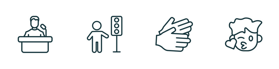 set of 4 linear icons from people concept. outline icons included leader speech, traffic hand, partners claping hands, kiss smile vector