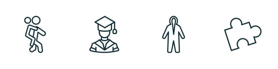 set of 4 linear icons from people concept. outline icons included give a piggy back ride, graduating boy, protective suit, mind game vector