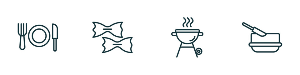 set of 4 linear icons from food concept. outline icons included plate and utensils, pasta, grill, butter vector