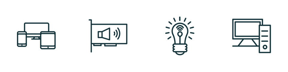 Wall Mural - set of 4 linear icons from electronic devices concept. outline icons included devices, sound card, s