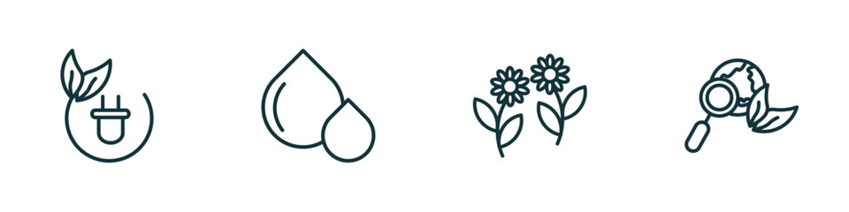 set of 4 linear icons from ecology concept. outline icons included green energy, oil drops, two flowers, ecologism vector