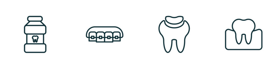 Wall Mural - set of 4 linear icons from dentist concept. outline icons included mouth wash, lingual braces, dental filling, occlusal vector