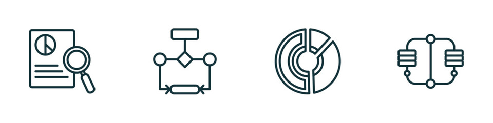 Wall Mural - set of 4 linear icons from business and analytics concept. outline icons included investigate, flow 
