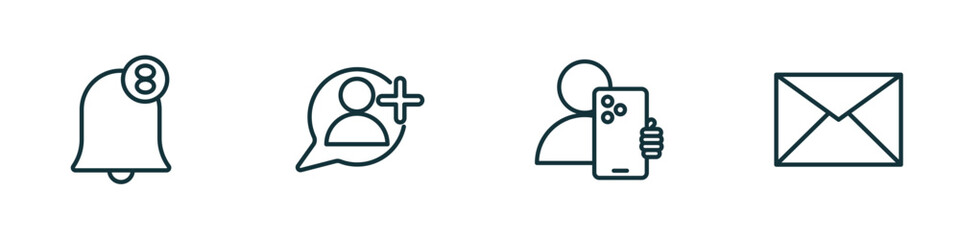 Wall Mural - set of 4 linear icons from blogger and influencer concept. outline icons included notification, foll