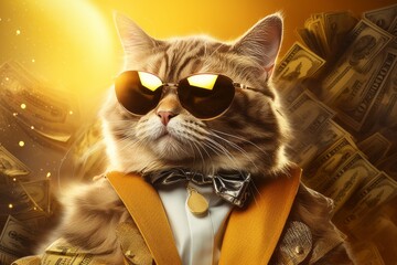 Cool rich successful hipster cat with sunglasses and cash money. Yellow background