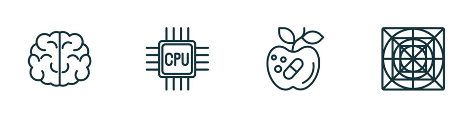 Wall Mural - set of 4 linear icons from artificial intellegence concept. outline icons included brain, cpu, synth