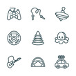 set of 9 linear icons from toys concept. outline icons such as gamepad toy, skipping rope toy, spinning top toy, guitar tent car vector