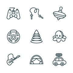 Wall Mural - set of 9 linear icons from toys concept. outline icons such as gamepad toy, skipping rope toy, spinning top toy, guitar tent car vector