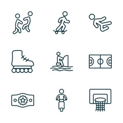 Wall Mural - set of 9 linear icons from sports concept. outline icons such as aikido, boy with skatingboard, karate fighter, champion belt, motorbike riding, basketball basket vector