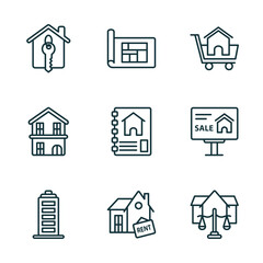 Wall Mural - set of 9 linear icons from real estate concept. outline icons such as house key, blueprint, shopping, facade, for rent, juridical vector