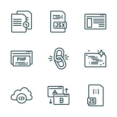 Wall Mural - set of 9 linear icons from programming concept. outline icons such as duplicate, jsx, ux de, cloud storage, testing, js vector