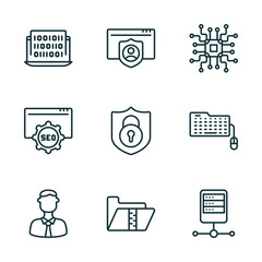 Wall Mural - set of 9 linear icons from seo concept. outline icons such as binary code, authorize, microchip, seo, archive, server vector