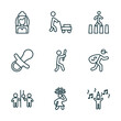 © Farahim - set of 9 linear icons from people concept. outline icons such as bride avatar, person mowing the grass, crossing road, occupant, woman carrying, man celebrating vector