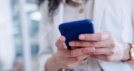 Poster - Business woman, hands and typing with phone for social network, mobile app or digital contact. Closeup, employee and cellphone user reading notification, search information and download data of media