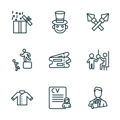 Wall Mural - set of 9 linear icons from people concept. outline icons such as open present box, magician boy, lance, chef uniform, woman covering, tumb up business man vector