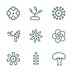 Wall Mural - set of 9 linear icons from nature concept. outline icons such as wedelia, grow plant, knapweed, dianthus, mimosa, beech vector