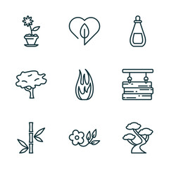 Wall Mural - set of 9 linear icons from nature concept. outline icons such as daisy on pot, love nature, essence,